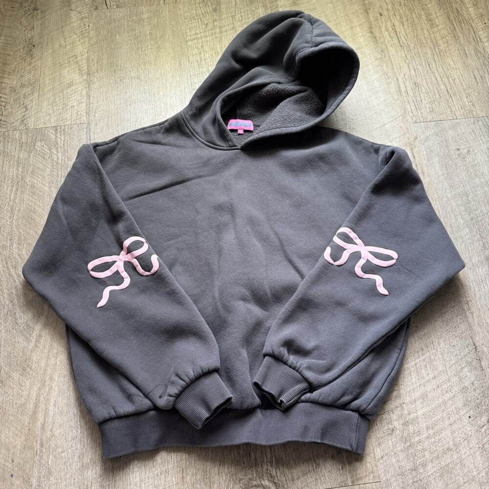 Ediked Gray Hoodie With Pink Bow Graphics On Sleeves Size Small